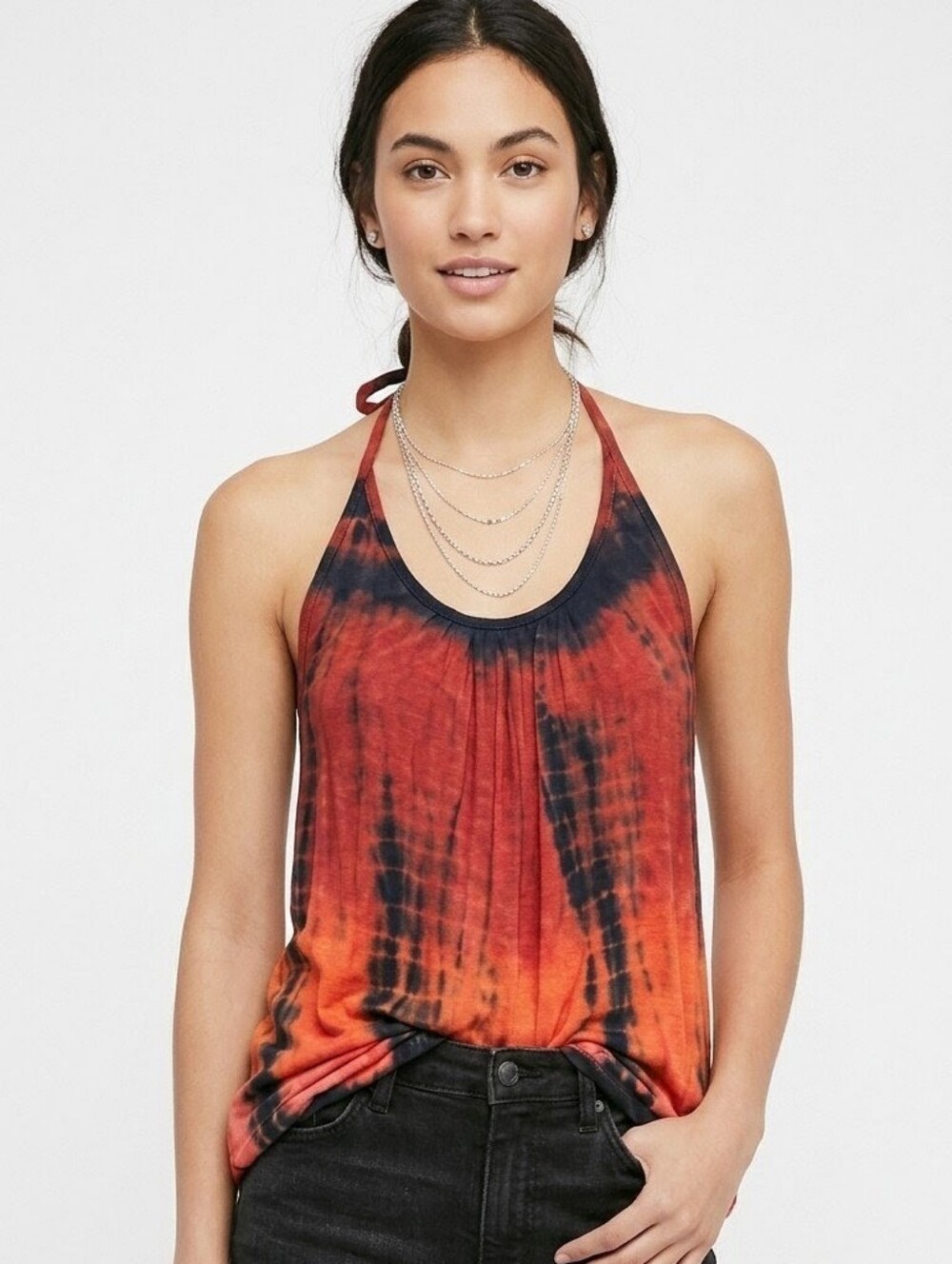 How Bazaar Tie Dye Halter Top Red & Black Boho Tunic Small
